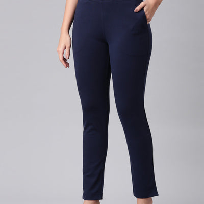 Women Solid Navy Mid Rise Smart Fit Kurti Pant