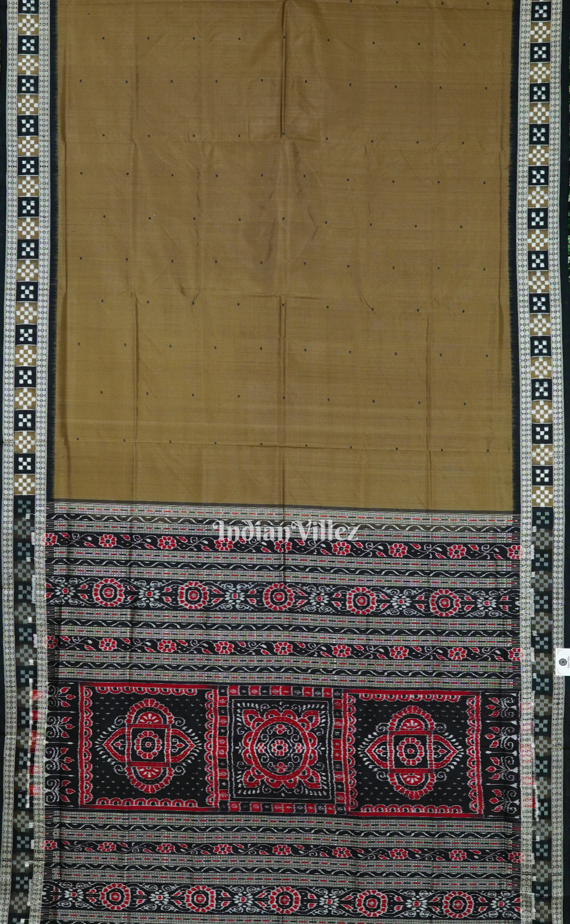 Dark Olive Green Sambalpuri Ikat Bomkai Silk Saree With Pasapali Border