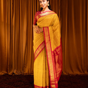 Mustard Handloom Korvai Silk Cotton Saree With Checks-Mustard