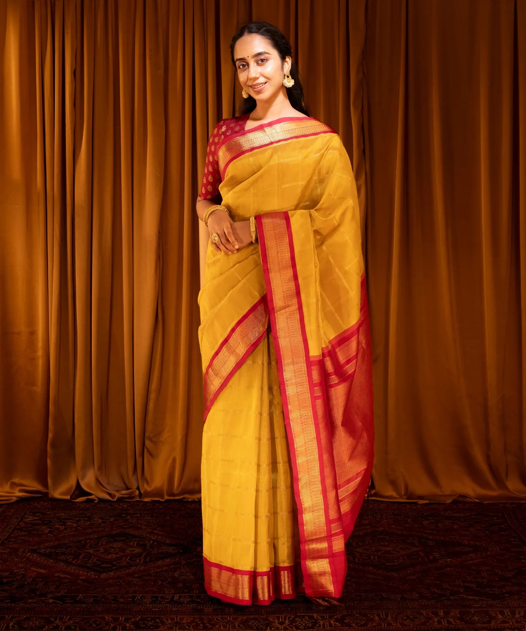 Mustard Handloom Korvai Silk Cotton Saree With Checks-Mustard