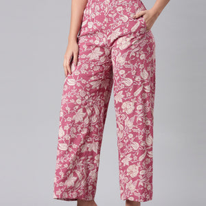 Women Medium Pink Viscose Mid Rise Printed Palazzo