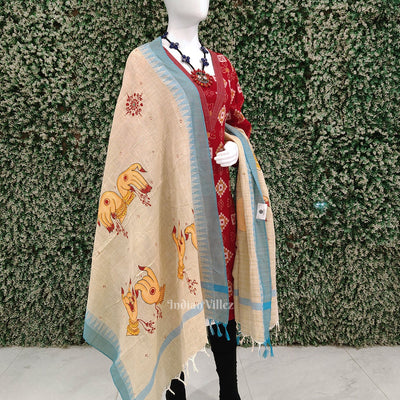 Cream Blue Mudra Theme Hand-Painted Tussar Pattachitra Dupatta