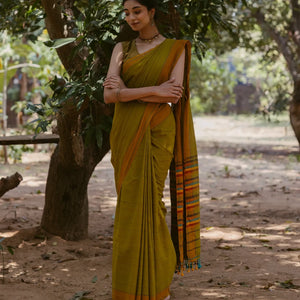 Olive Green Handloom Bengal Cotton Saree With ( Dora ) Stripes in Green, Brown and Red