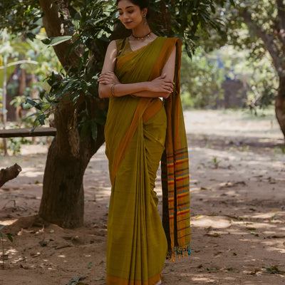 Olive Green Handloom Bengal Cotton Saree With ( Dora ) Stripes in Green, Brown and Red