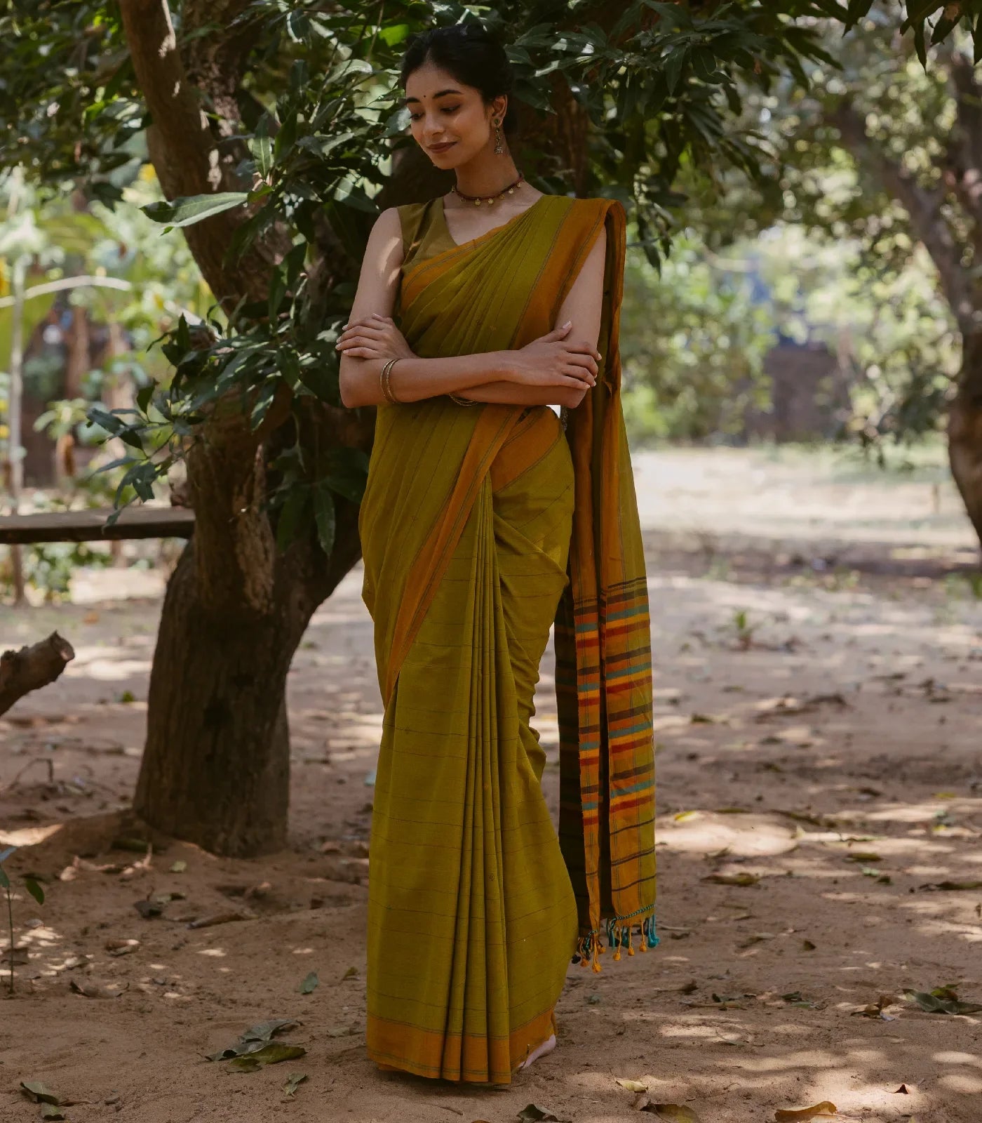 Olive Green Handloom Bengal Cotton Saree With ( Dora ) Stripes in Green, Brown and Red
