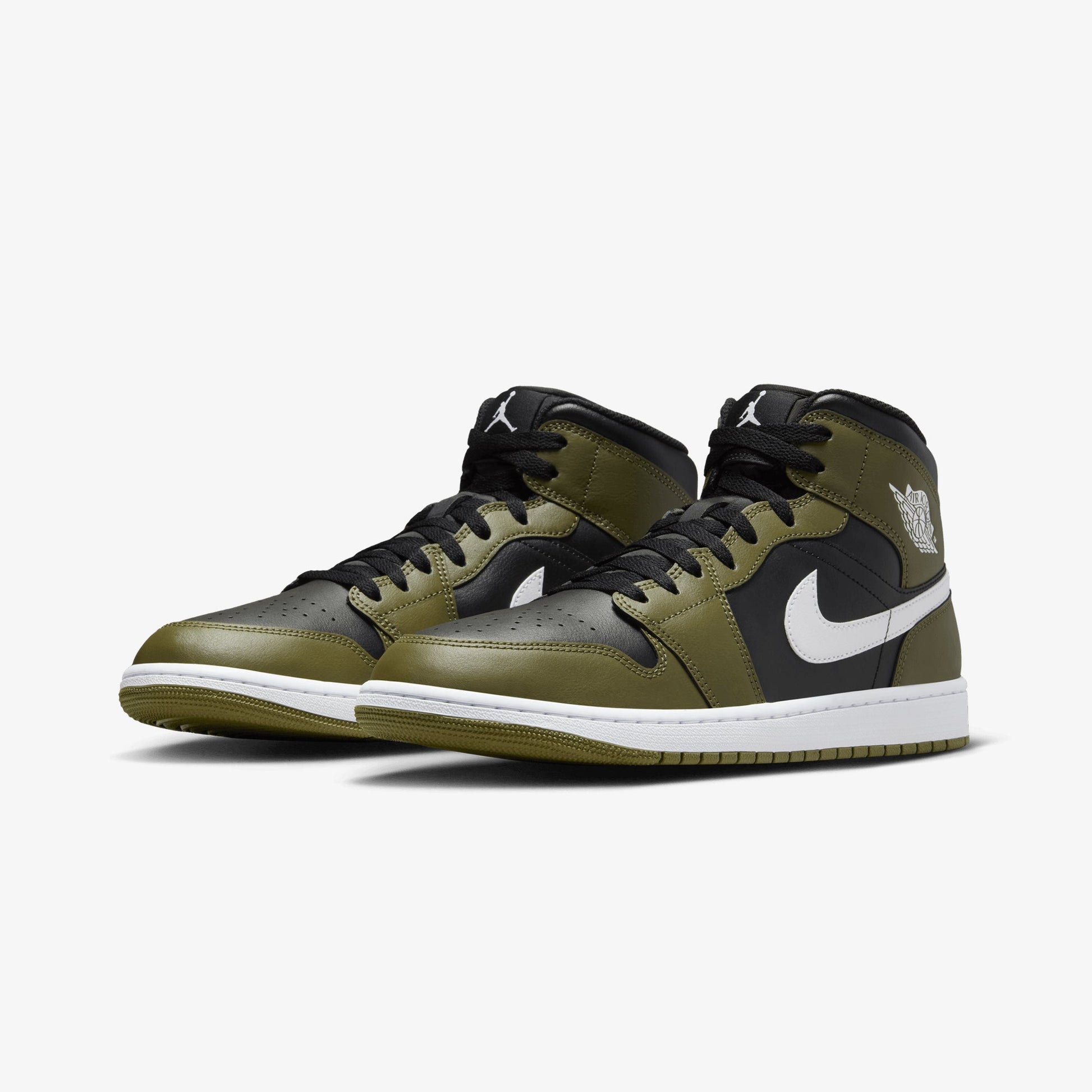 JORDAN | AIR JORDAN 1 MID { BLACK/WHITE-MEDIUM OLIVE-SAIL