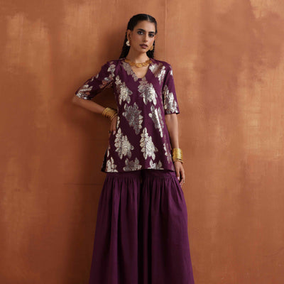 trueBrowns Purple Metallic Sharara Dupatta Set