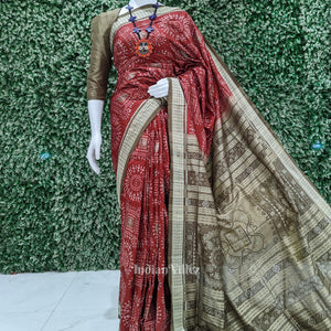 Maroon Tribal Pure Sambalpuri Bomkai Silk Saree