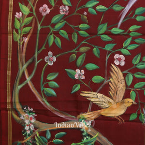 Maroon Radha Krishna Hand-Painted Silk Saree