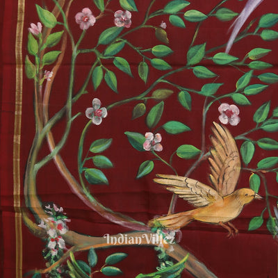 Maroon Radha Krishna Hand-Painted Silk Saree