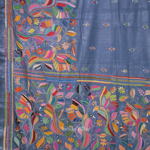 Light Blue Handwoven Kantha Stitch Silk Saree