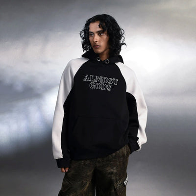 ALMOST GODS | LOGO PANEL HOODIE IN BLACK AND WHITE { BLACK/WHITE