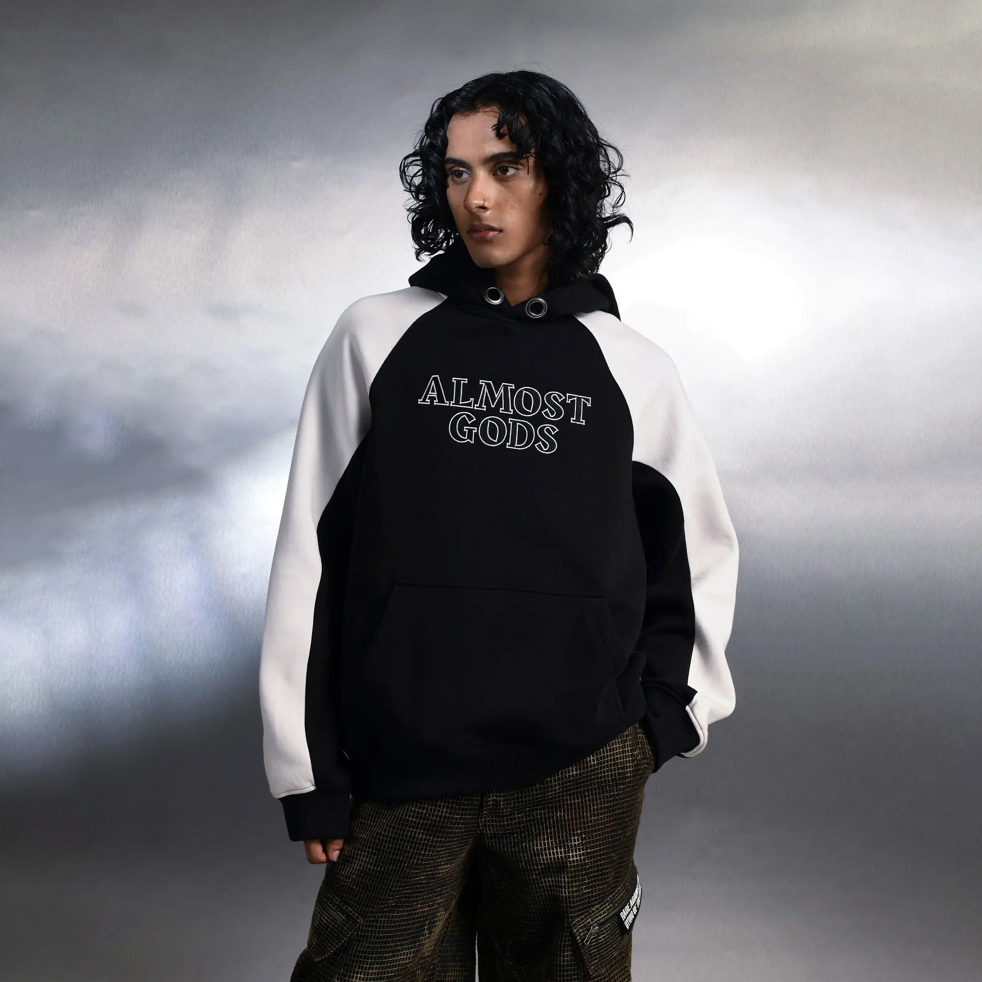 ALMOST GODS | LOGO PANEL HOODIE IN BLACK AND WHITE { BLACK/WHITE