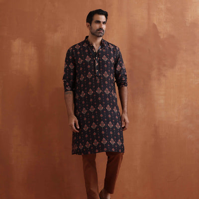 trueBrowns Men's Black Printed Kurta
