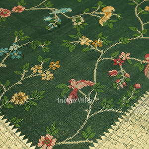 Dark Green Tussar Khaddi Georgette Banarasi Saree with Tassels