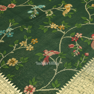 Dark Green Tussar Khaddi Georgette Banarasi Saree with Tassels