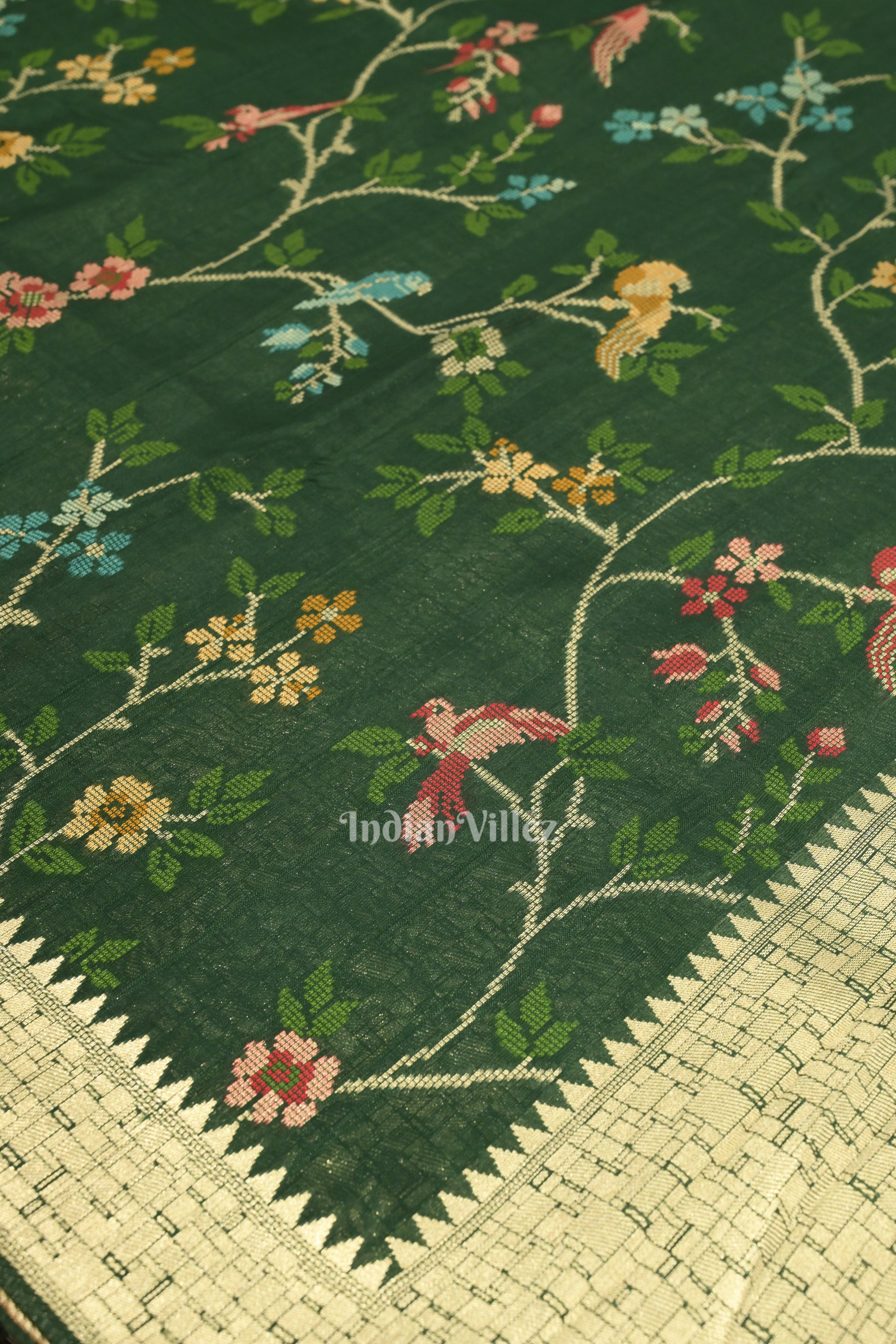 Dark Green Tussar Khaddi Georgette Banarasi Saree with Tassels