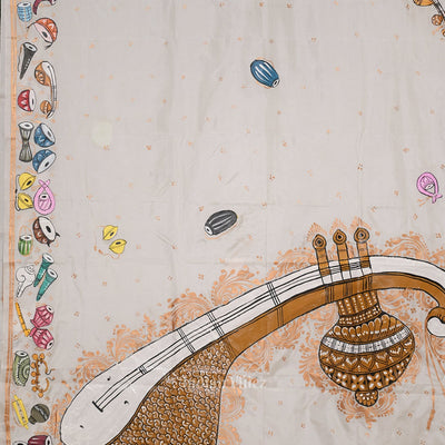 White Sitar Instrument Pattachitra Art Pure Silk Saree