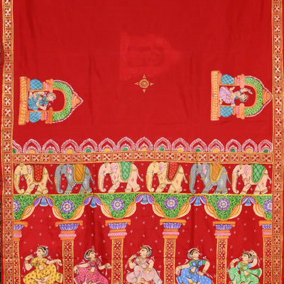 Red Elephant Nartaki Pattachitra Pure Silk Saree