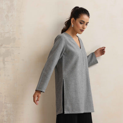 trueBrowns Grey Woollen High Slit Kurta