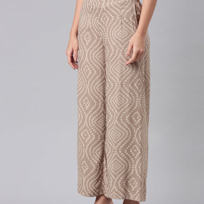 Women Beige Woven Viscose Mid Rise Printed Palazzo