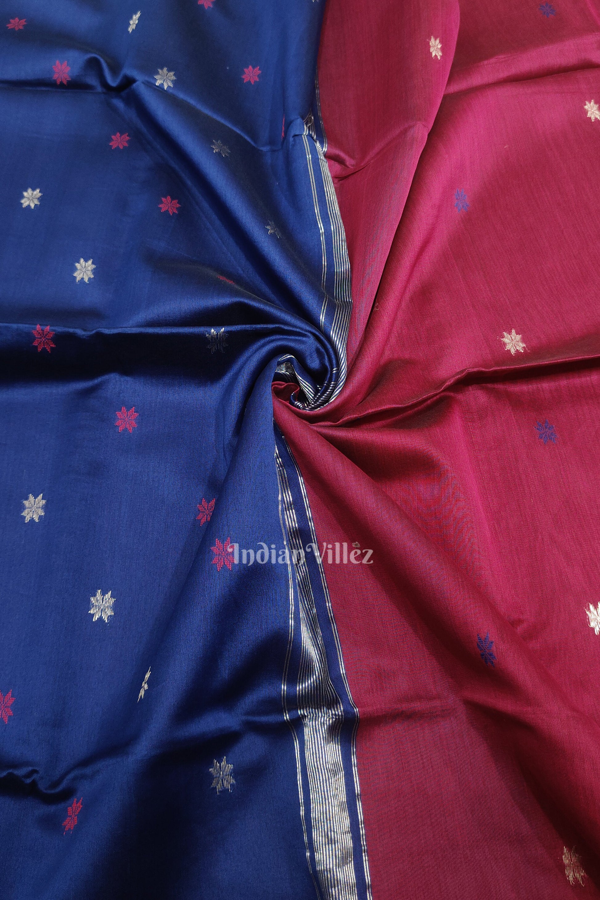 Purple Wine with Blue Pure Silk Cotton Maheshwari Saree