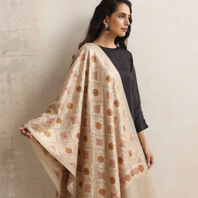 trueBrowns Beige Embroidered Woollen Stole