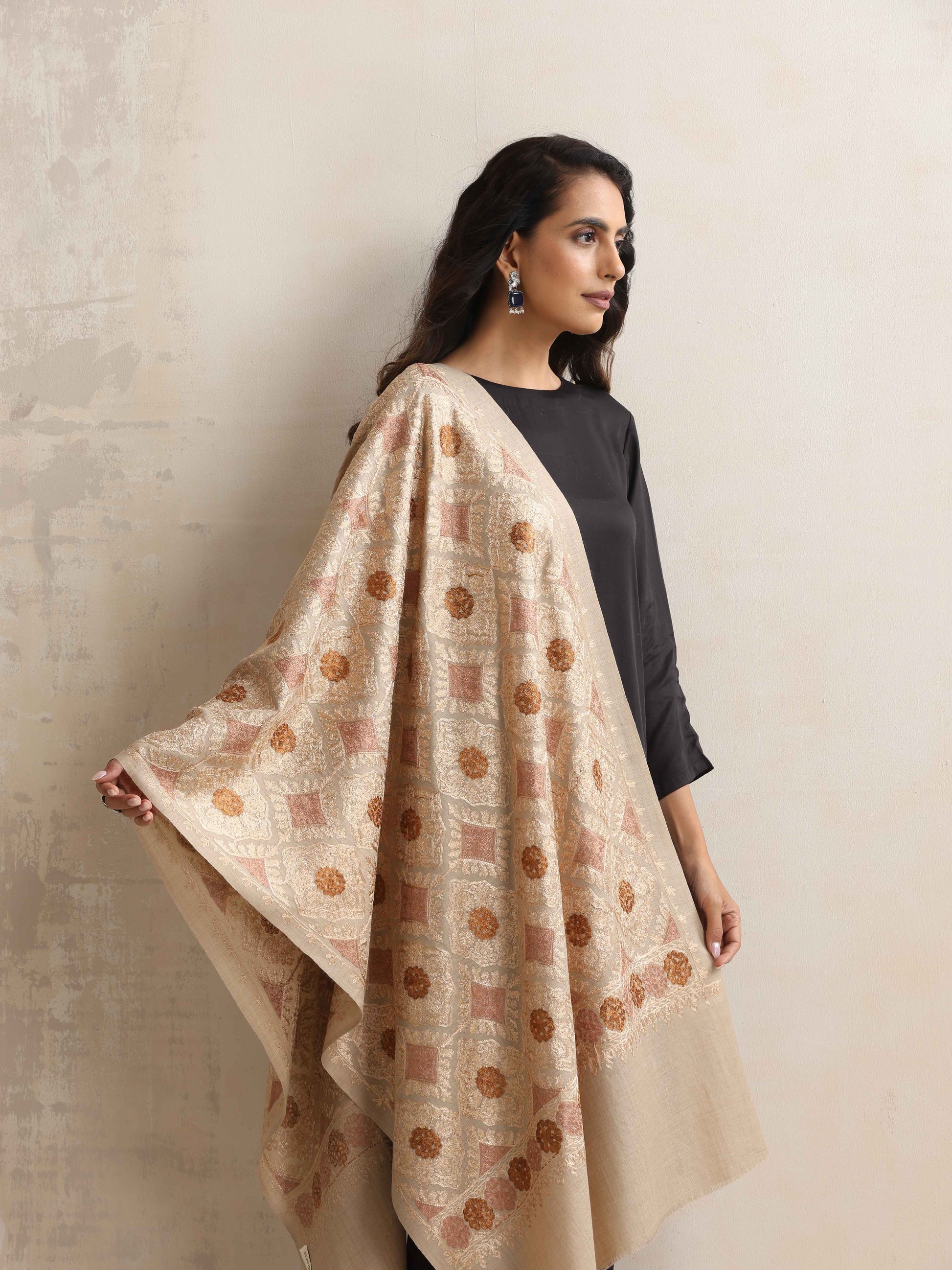 trueBrowns Beige Embroidered Woollen Stole