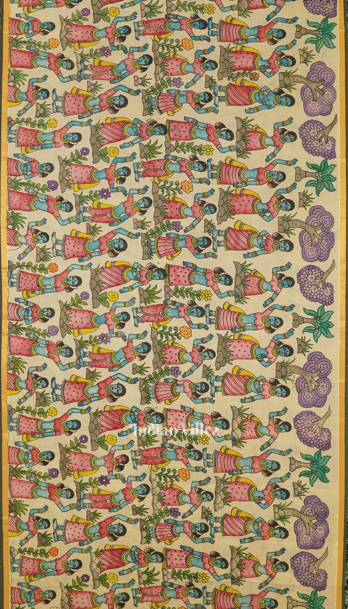 Off White Hand-Painted Natural Dye Cotton Kalamkari Saree