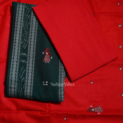 Green with Red Doll Odisha Ikat  Sambalpuri Dress Material & Dupatta