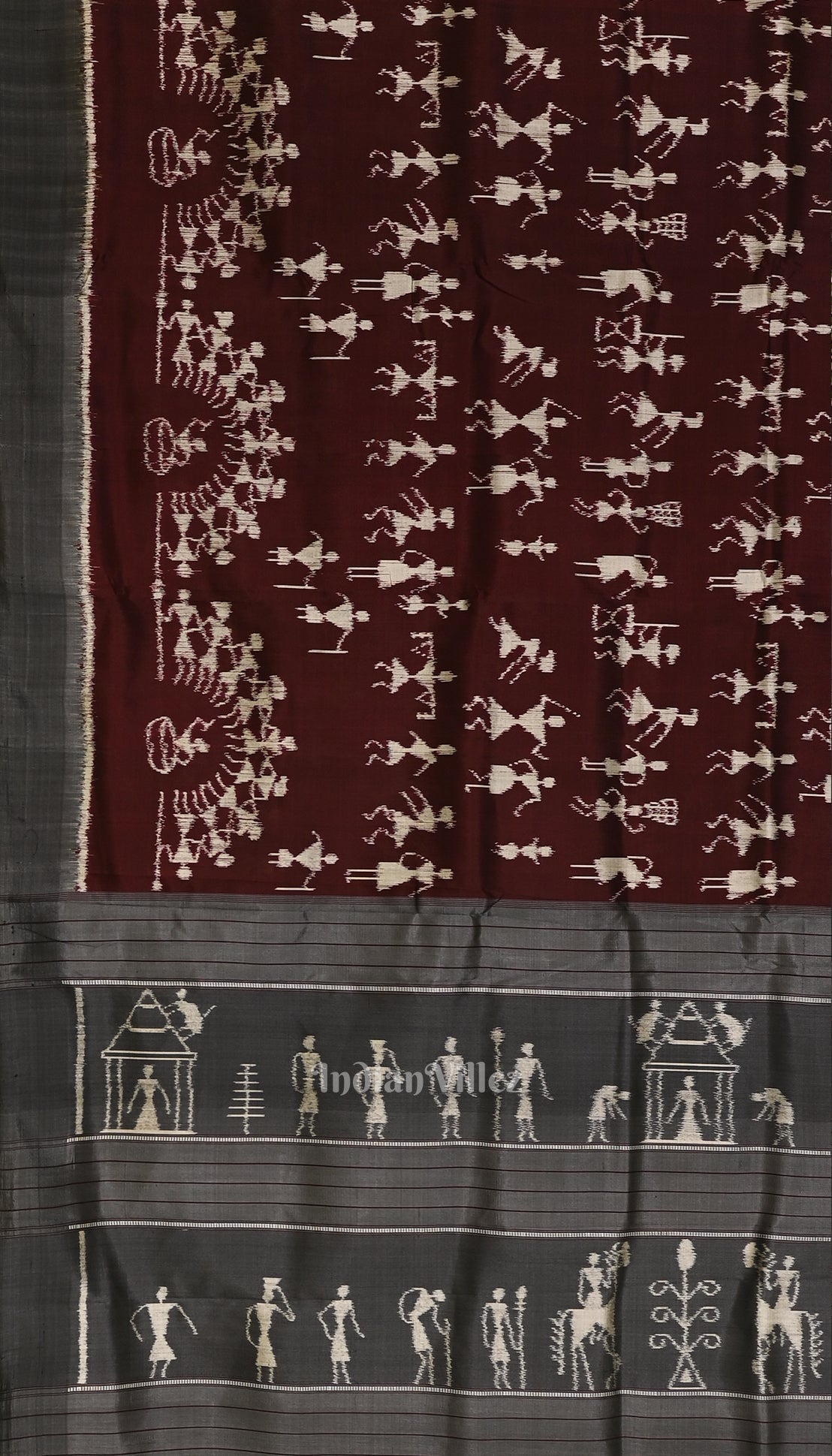 Coffee with Cement Gray Tribal Theme Ikat Contemporary Silk Saree