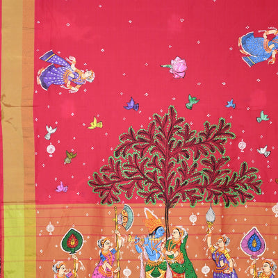 Pink Orange Radha Krishna Raasleela Hand-Painted Pattachitra Saree