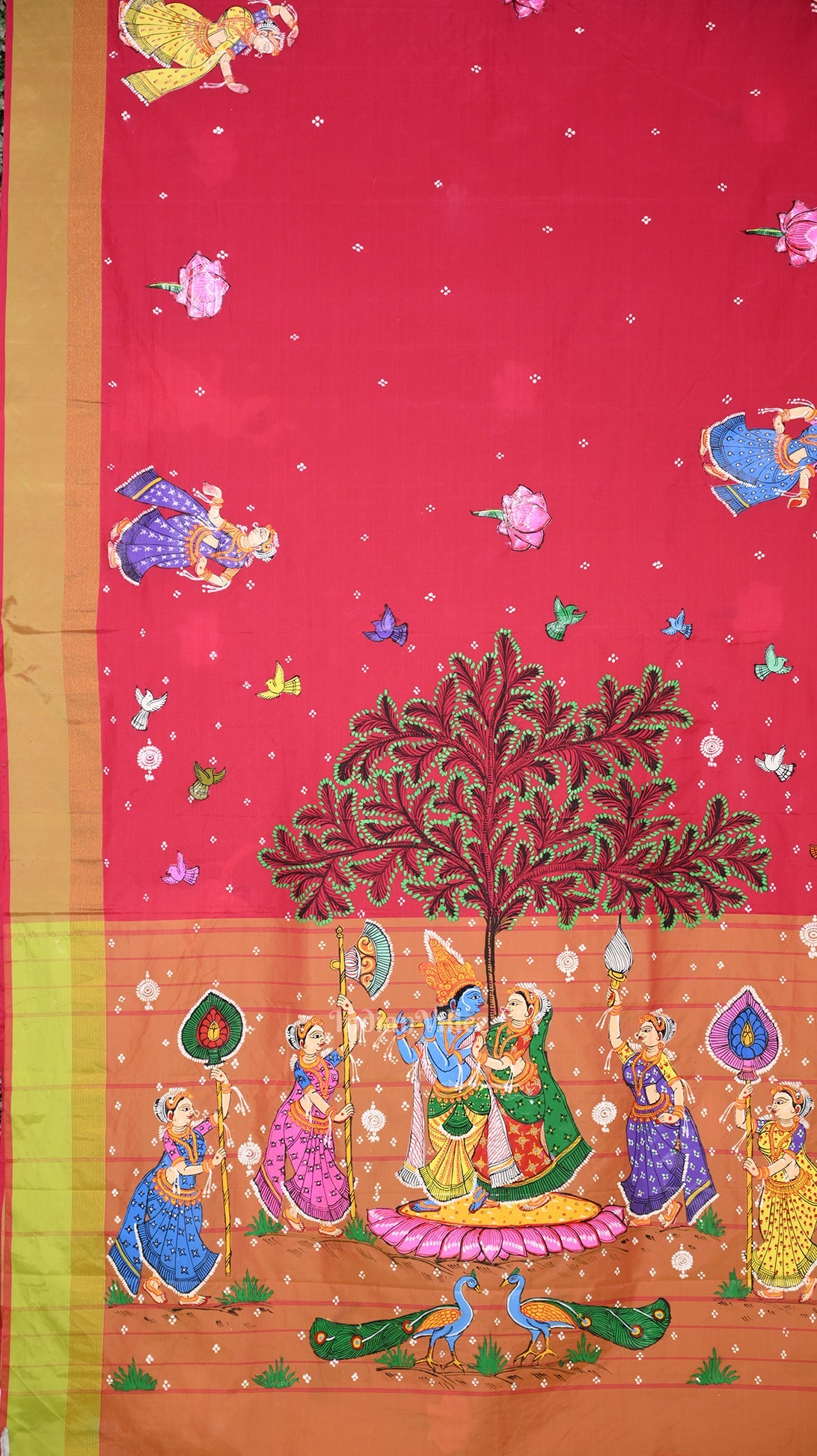 Pink Orange Radha Krishna Raasleela Hand-Painted Pattachitra Saree