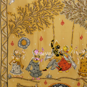 Honey Gold Krishna Rasleela Hand-Painted Pattachitra Saree