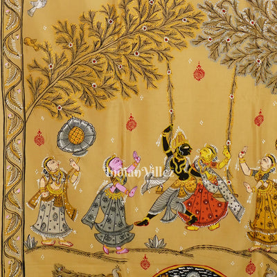 Honey Gold Krishna Rasleela Hand-Painted Pattachitra Saree