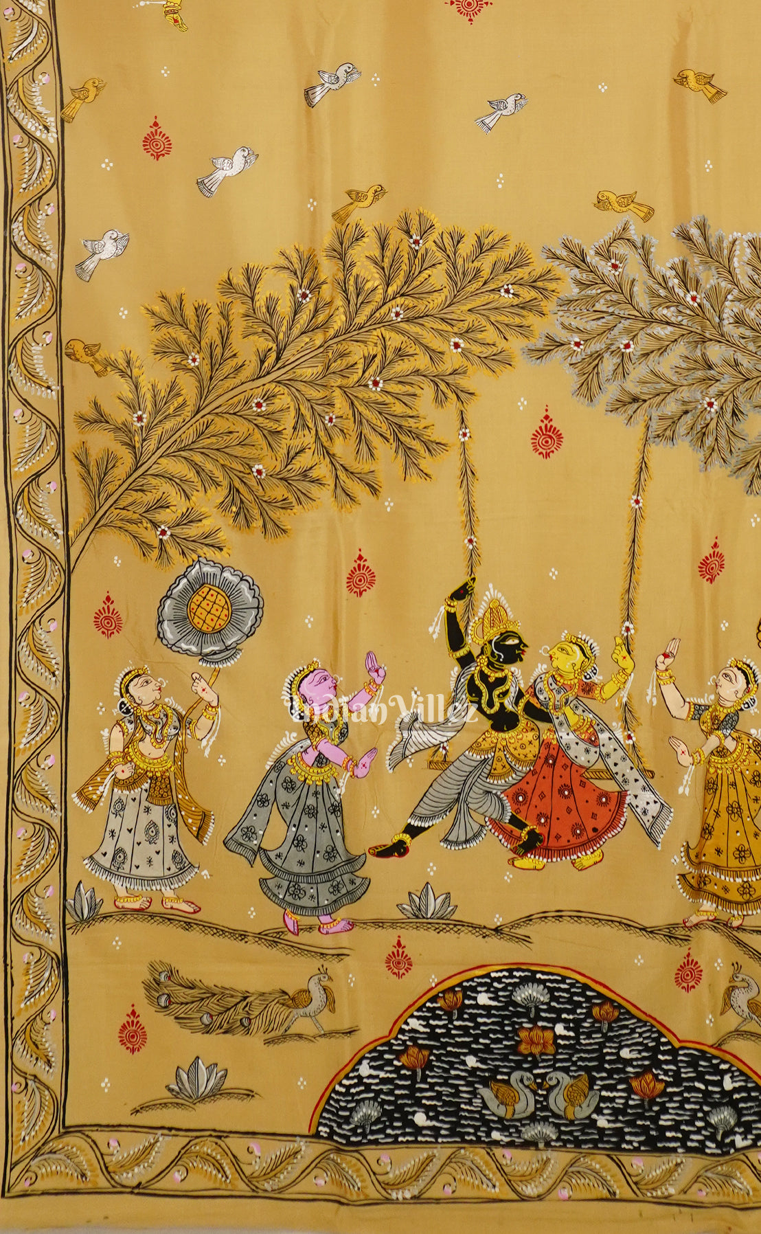 Honey Gold Krishna Rasleela Hand-Painted Pattachitra Saree