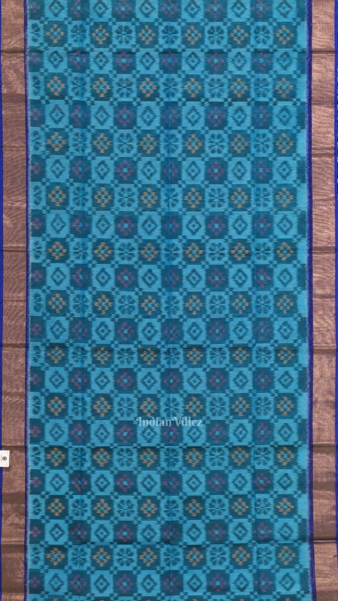 Aqua Blue  Pochampally Ikat Sico (Silk & Cotton) Saree with Zari Border