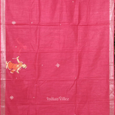 Rani Pink Raja Doli Theme Hand- Painted Pattachitra Saree