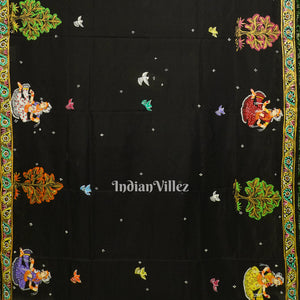 Black Ardha Chandra Krishna Rasa Leela Hand-Painted Pattachitra Saree