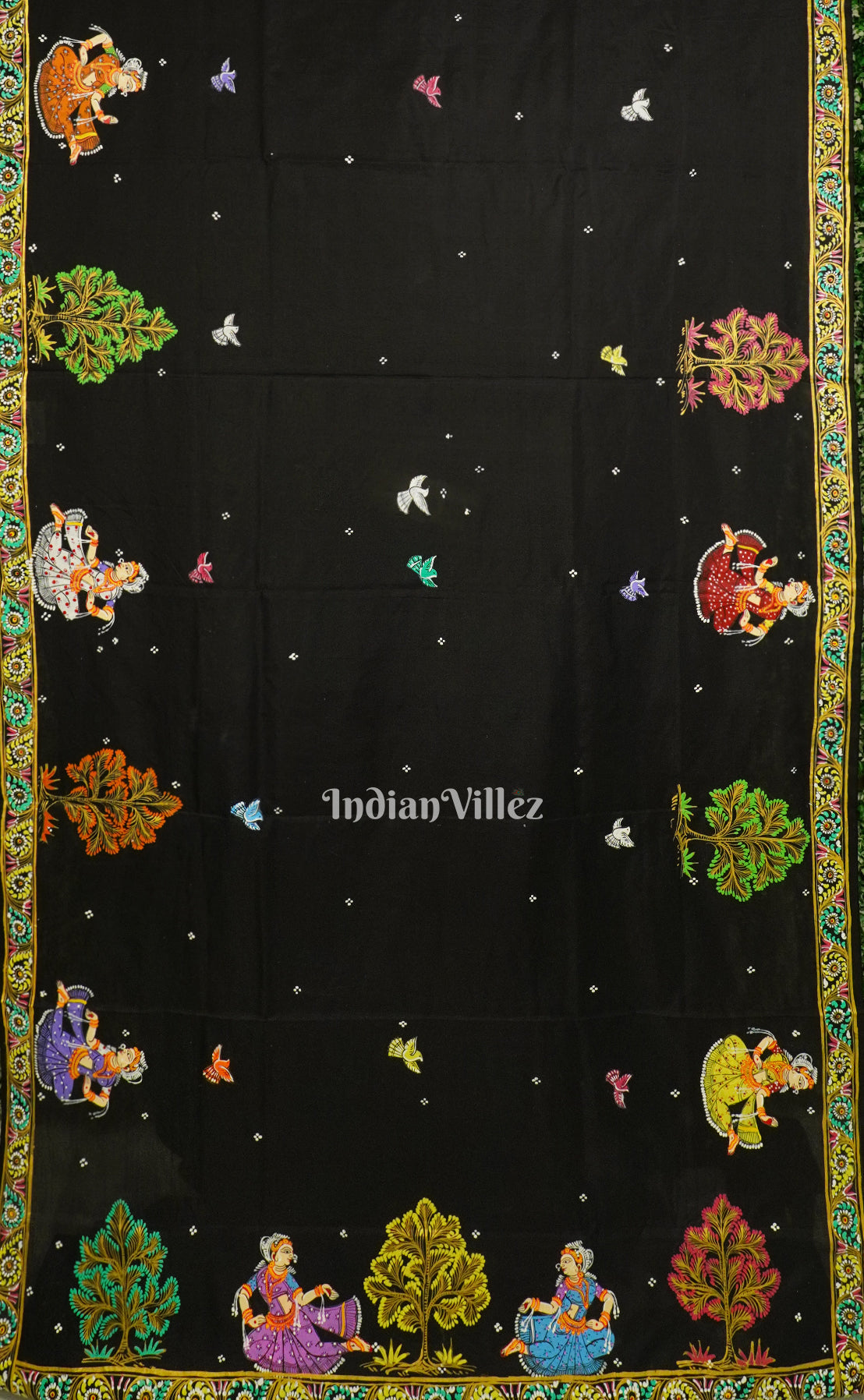 Black Ardha Chandra Krishna Rasa Leela Hand-Painted Pattachitra Saree