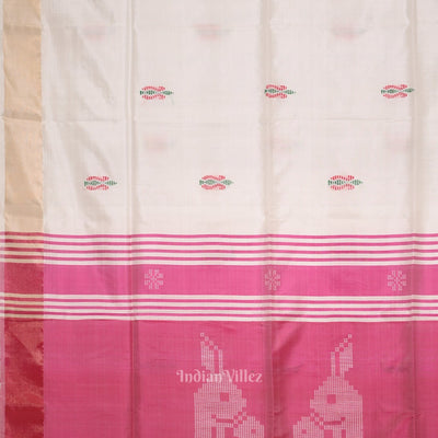 White Pink Pure Bishnupuri Silk Saree