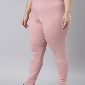 Women Solid Baby Pink Ribbed Warm Leggings