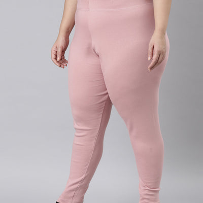 Women Solid Baby Pink Ribbed Warm Leggings