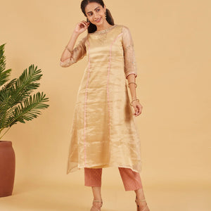 Beige And Gold Tissue Kurta