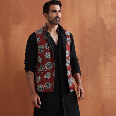 trueBrowns Men's Rust Printed Nehru Jacket