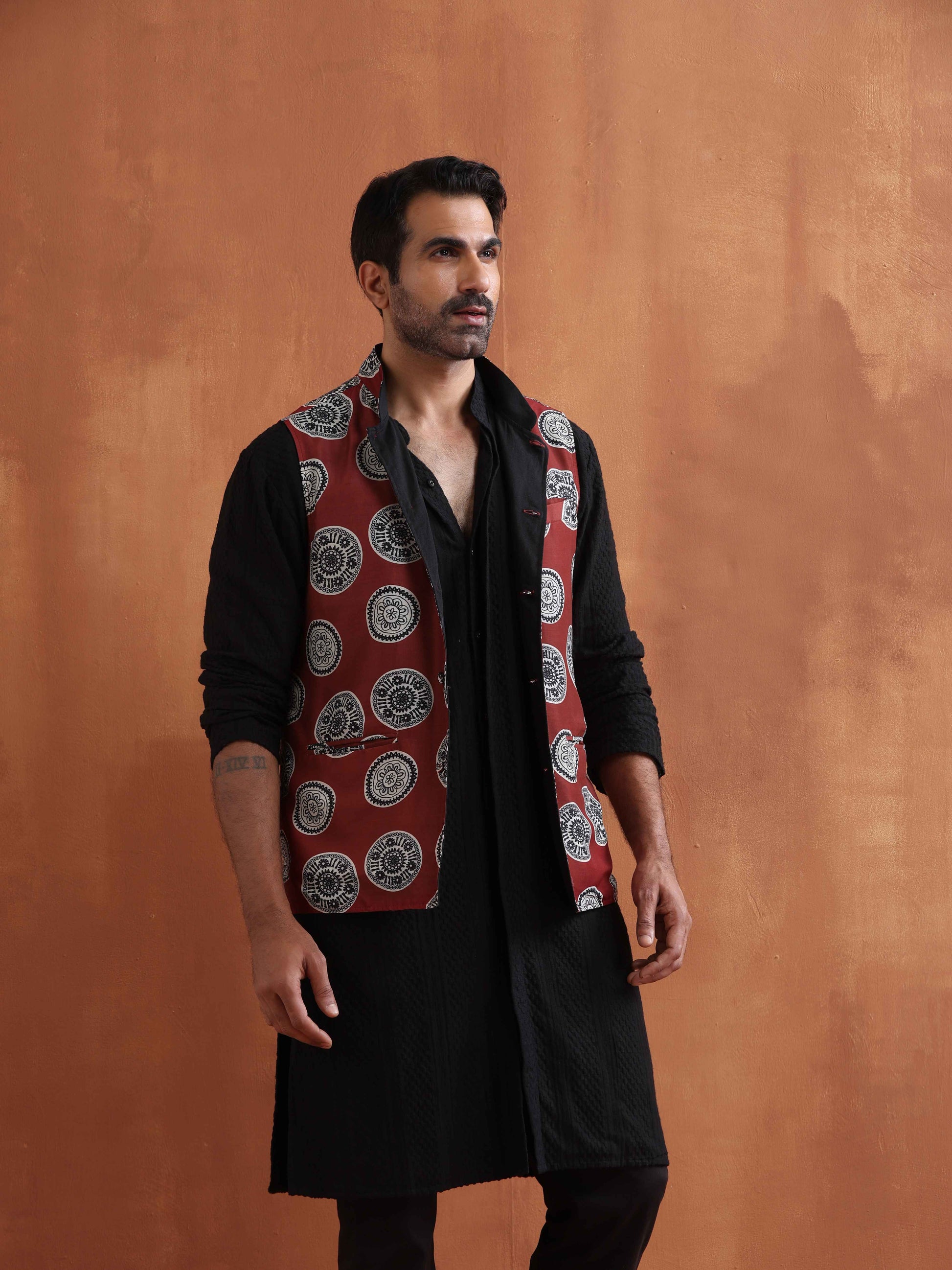 trueBrowns Men's Rust Printed Nehru Jacket