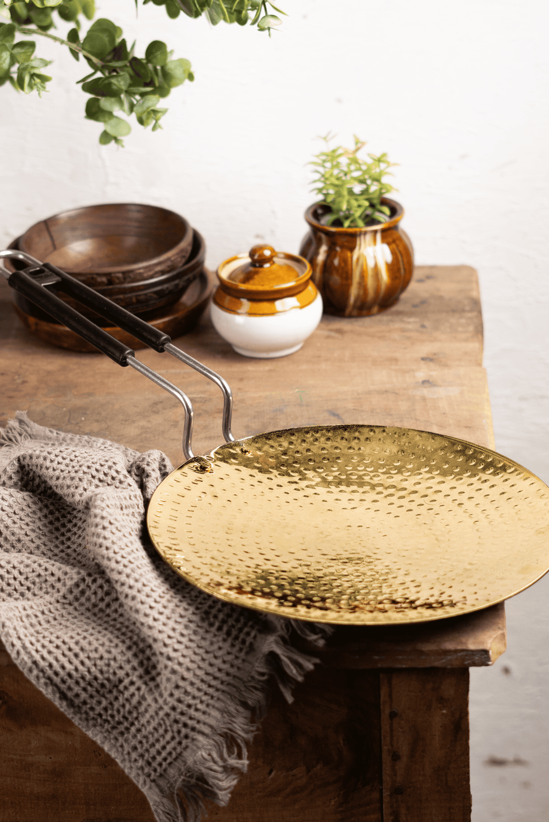 Brass Essentials Combo Set (Brass Roti Tawa, Brass Ghee Pot, Brass Kadhai)