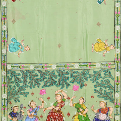 Pista Green Odishi Dancer Hand-Painted Pattachitra Saree