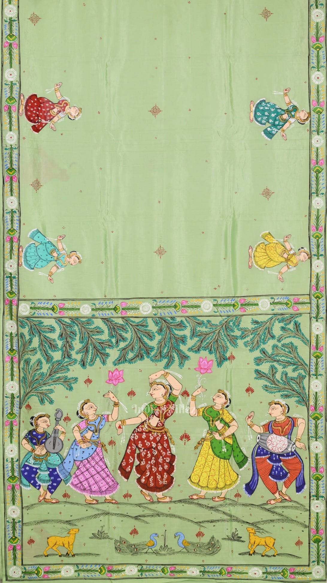 Pista Green Odishi Dancer Hand-Painted Pattachitra Saree