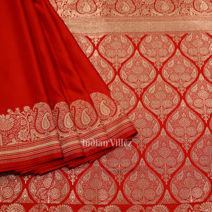 Gergeous Flaunt Red Soft Pure Mashru Satin Silk Banarasi Saree